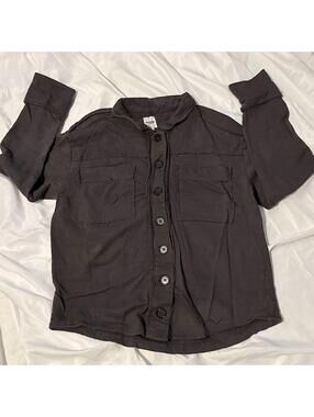 Kensie Charcoal Grey Raw Hem Distressed Knit Utility Shacket
